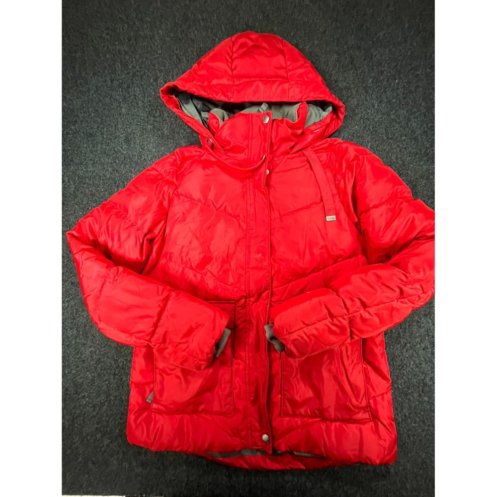 Eddie Bauer Parka Puffer Jacket Womens Small Red Sherpa Lined Hooded Full Zip